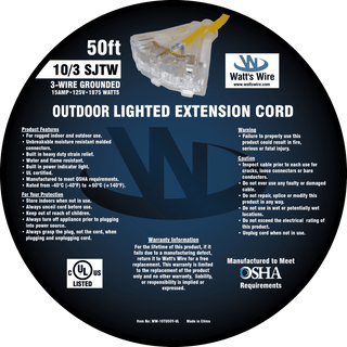 Watt's Wire 10 gauge 50 foot extension cord package label