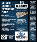 Watt's Wire 12 gauge 6 foot extension cord package label