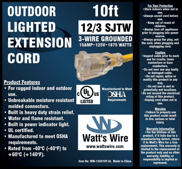 Watt's Wire 12 gauge 6 foot extension cord package label