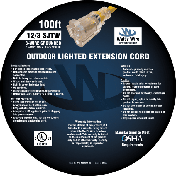 Watt's Wire 12 gauge 100 foot extension cord package label