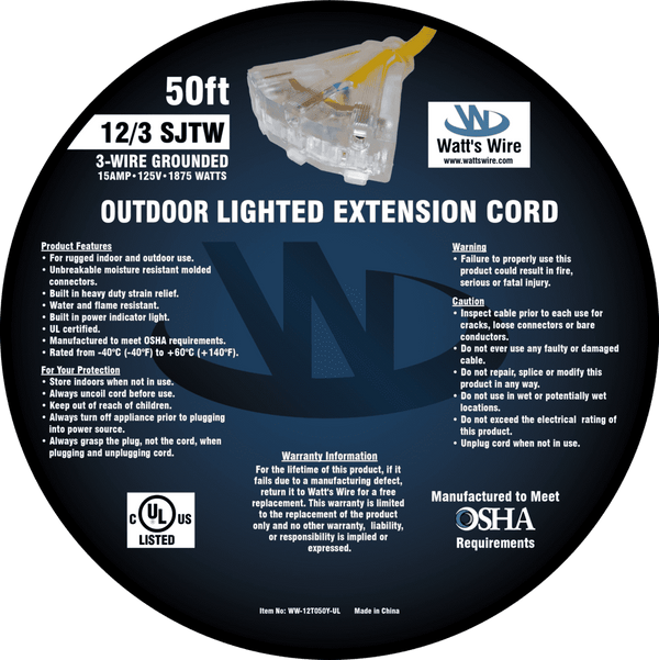 Watt's Wire 12 gauge 50 foot extension cord package label