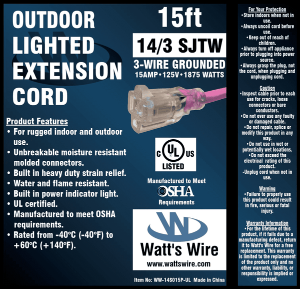 Watt's Wire 14 gauge 15 foot extension cord package label, pink