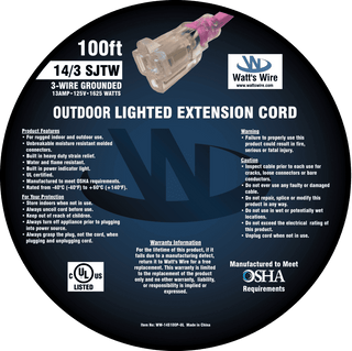 Watt's Wire 14 gauge 100 foot extension cord package label, pink