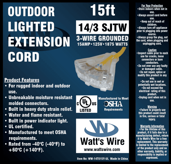 Watt's Wire14 gauge 15 foot extension cord package label, yellow