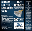 Watt's Wire14 gauge 15 foot extension cord package label, yellow