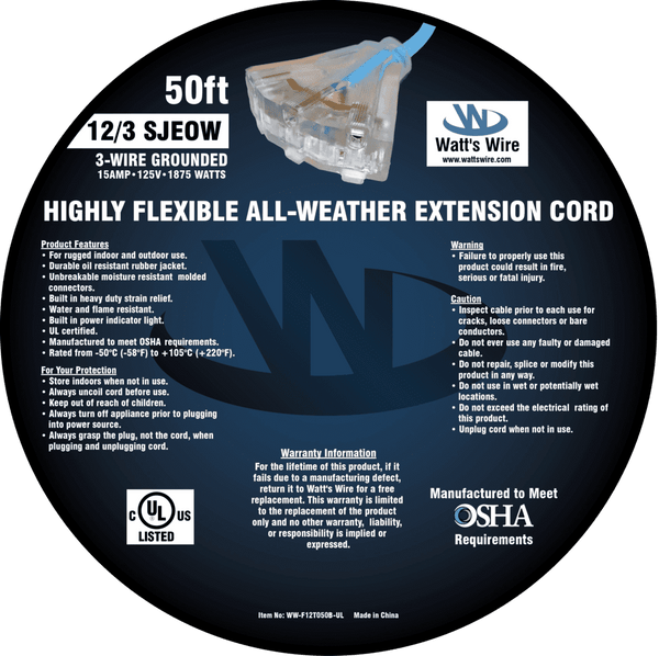 Watt's Wire 12 gauge 50 foot extreme flexible extension cord package label, blue