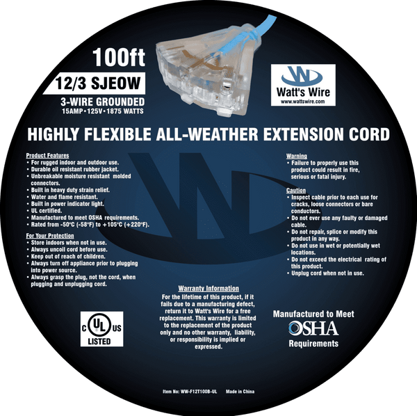 Watt's Wire 12 gauge 100 foot extreme flexible extension cord package label, blue