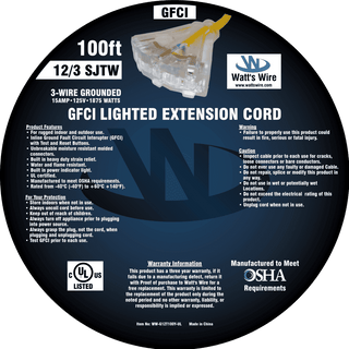 Watt's Wire 12 gauge 100 foot GFCI extension cord package label